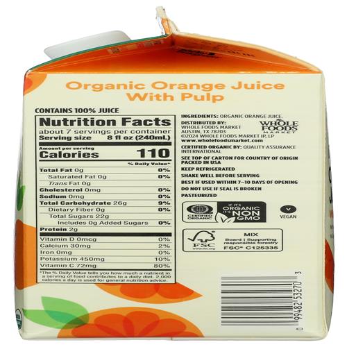 Whole Foods Market Organic Orange Juice With Pulp, 52 Fl Oz