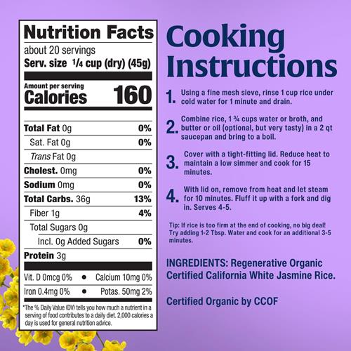 Lundberg Jasmine Rice, Regenerative Organic Certified – Non-Sticky, Aromatic Long-Grain White Rice, Responsibly Grown In California, 32 Oz