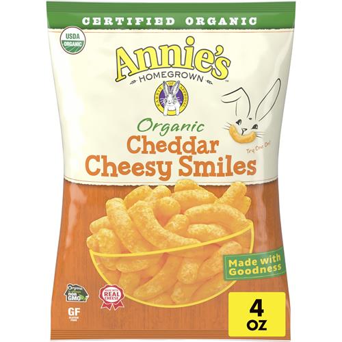 Annies Organic Cheddar Cheesy Smiles, Baked Corn Puffs, Gluten Free, 4 Oz