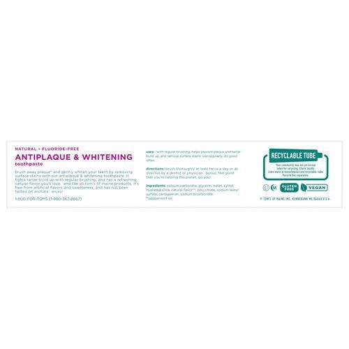 Toms Of Maine Fluoride-Free Antiplaque & Whitening Natural Toothpaste, Peppermint, 5.5 Oz. (Pack Of 2)