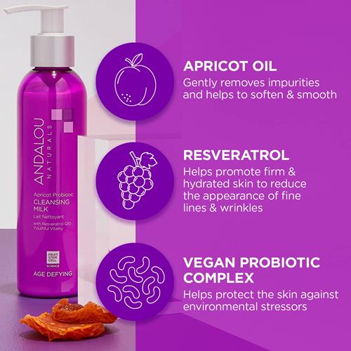 Andalou Naturals Probiotic Cleansing Milk, Apricot Facial Cleanser For Dry, Dehydrated Skin, Gentle Makeup Remover, Hydrating Anti Aging Face Wash, Cruelty Free, 6 Fl Oz