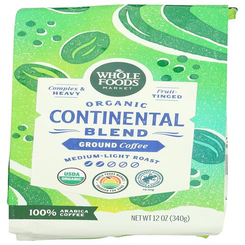 Whole Foods Market, Organic Continental Blend Ground Coffee, Medium-Light Roast, 12 Ounce