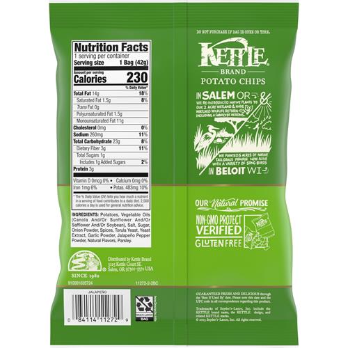 Kettle Brand Potato Chips, Jalapeno Kettle Chips, Snack Bag, 1.5 Oz