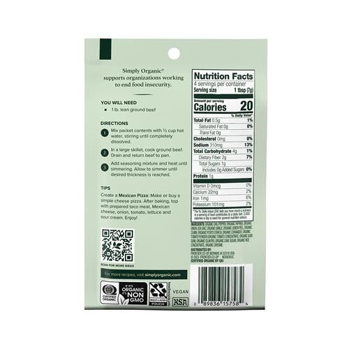 Simply Organic Mild Taco Seasoning, Certified Organic, Vegetarian, 1 Oz