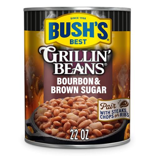 Bushs Canned Bourbon And Brown Sugar Grillin Beans, Plant-Based Protein, Good Source Of Fiber, Vegetarian, Fat Free, Gluten Free, 22 Oz