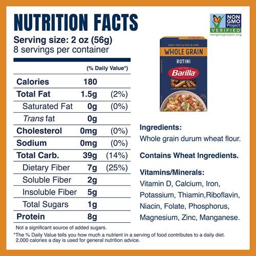 Barilla Whole Grain Rotini Pasta, 16 Oz. Box - Non-Gmo Pasta Made With 100% Whole Grain Durum Wheat - Great Source Of Fiber