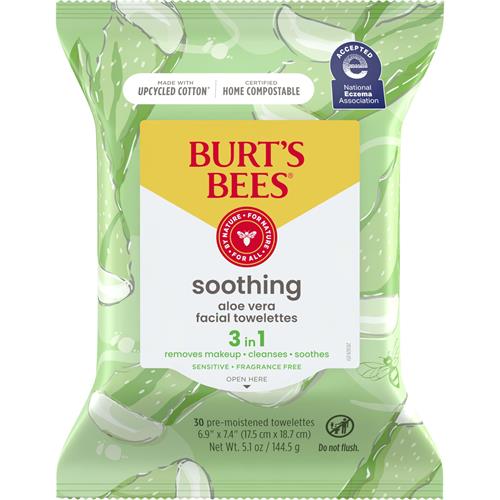 Burts Bees, Aloe Vera Face Wipes, For Sensitive Skin, Soothing Makeup Remover & Facial Cleansing Towelettes, 30 Count (1 Pack)