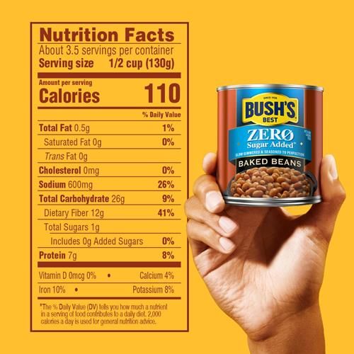 Bushs Best Zero Sugar Baked Beans, Source Of Plant Based Protein And Fiber, Low Fat, Gluten Free, 15.8 Oz