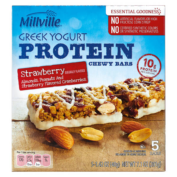 Millville Strawberry  Greek Yogurt Protein Chewy Granola Bars, 5 count