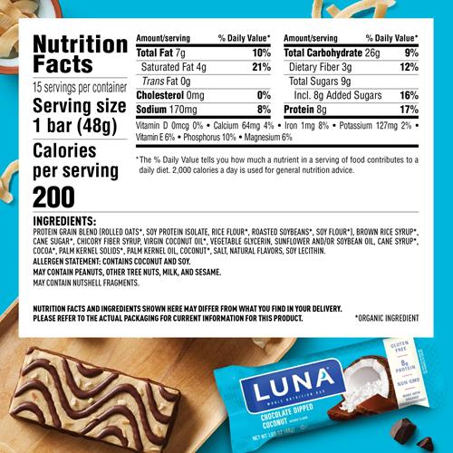 Luna Bar - Chocolate Dipped Coconut Flavor - Snack Bars - Non-Gmo - Gluten-Free Protein Bars - Made With Organic Oats (1 Count)