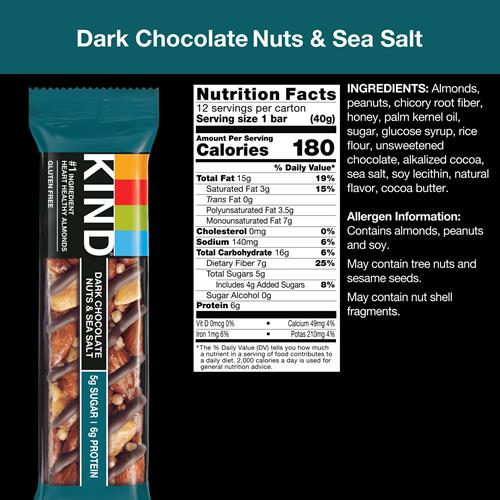 Kind Snack Bars, Dark Chocolate Nuts & Sea Salt, 5G Sugar | 6G Protein, Gluten Free Bars, 1.4 Oz, 12 Count