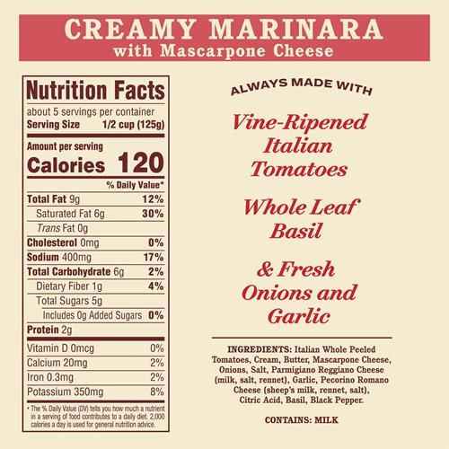Raos Homemade Creamy Marinara Sauce With Mascarpone, 24 Oz, Tomato Sauce, All Purpose, Premium Quality, Tomatoes From Italy And Olive Oil