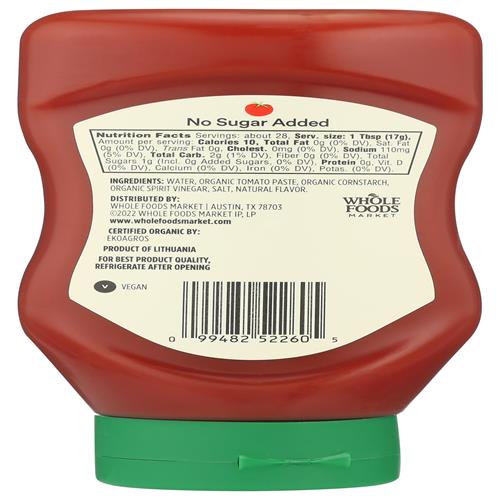 Whole Foods Market Organic No Sugar Added Ketchup, 16.6 Oz