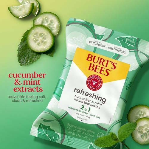 Burts Bees Refreshing Facial Towelettes With Cucumber And Mint, Pre-Moistened Towelettes For All Skin Types, 99 Percent Natural Origin Skin Care, 30 Ct. Package