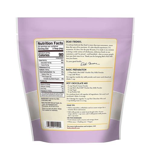 Bobs Red Mill Non-Fat Dry Milk Powder, 22Oz (Pack Of 1) - Makes 26 Cups Per Bag, Made In Usa, Unflavored, Kosher
