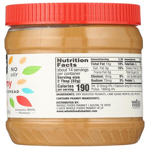 Whole Foods Market, Peanut Butter Spread, Creamy No Stir, 16 Ounce