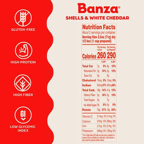 Banza Shells & White Cheddar Mac And Cheese - High Protein, Gluten Free, And Lower Carb Protein Mac And Cheese - 5.5Oz