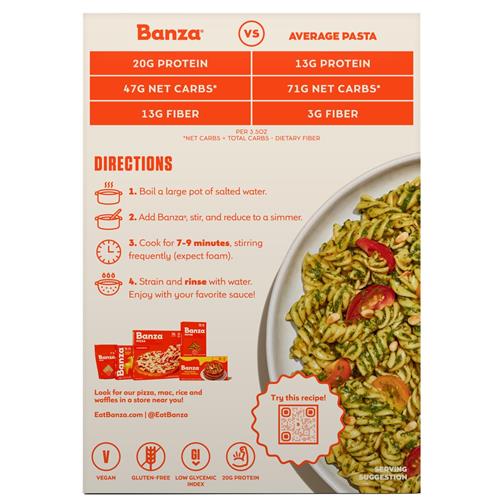 Banza Rotini Pasta From Chickpeas - Gluten Free, High Protein, And Lower Carb Protein Rotini Chickpea Pasta - 8Oz