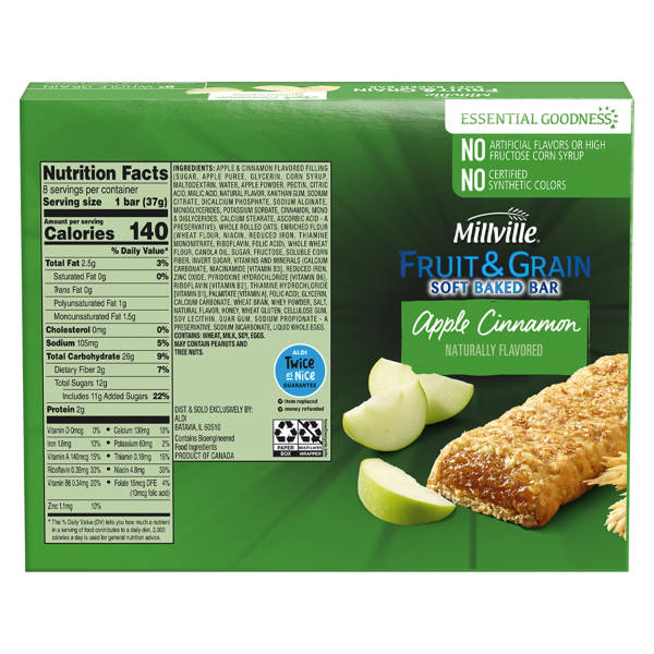 Millville Apple  Cinnamon Fruit and Grain Cereal Bars, 8 count