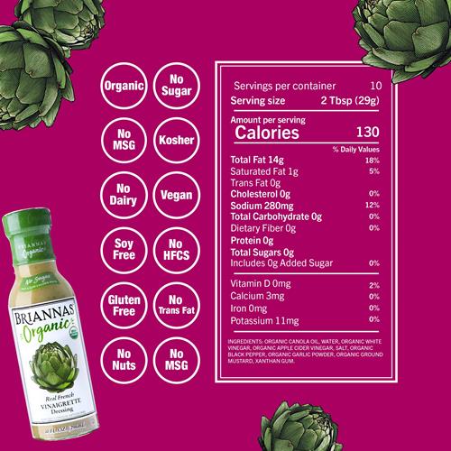 Briannas - Organic Real French Vinaigrette Dressing - Certified Kosher & Organic Salad Dressing Made With Premium Ingredients - Sugar-Free Dressing - 10 Oz. Bottle