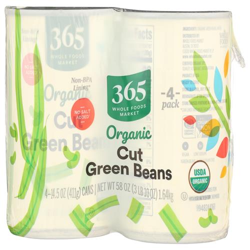 Whole Foods Market Organic No Salt Added Cut Green Beans, 14.5 Ounce, 4 Pack