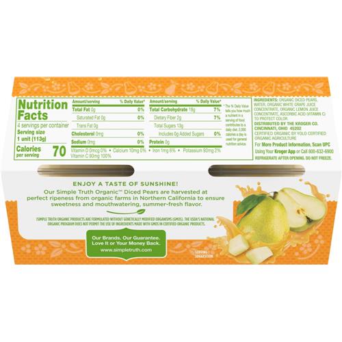Simple Truth Organic Diced Pear Cups in 100% Juice 4 ct / 4 oz