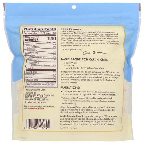 Bobs Red Mill White Corn Grits, 24Oz (Pack Of 1) - Vegan, Kosher