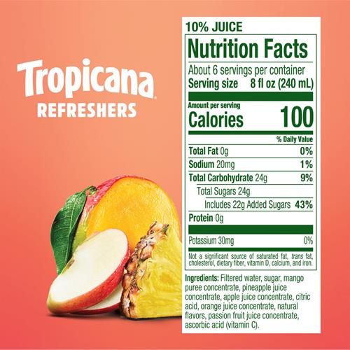 Tropicana Refreshers Pineapple Mango Juice Drink, With Real Fruit Juice, 46 Fl Oz Bottle