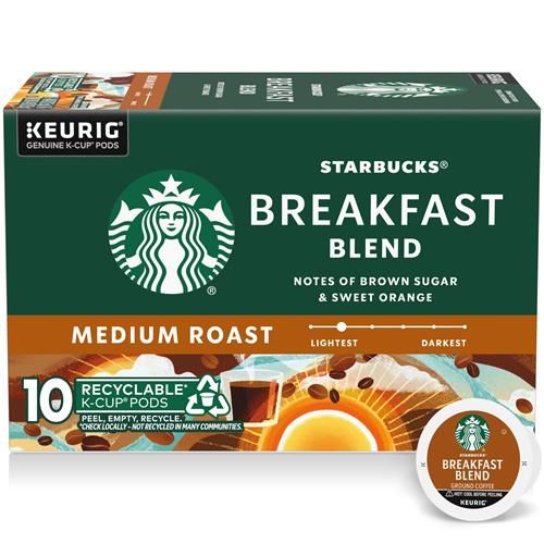 Starbucks K-Cup Coffee Pods, Medium Roast Coffee, Breakfast Blend, 100% Arabica, 1 Box (10 Pods)
