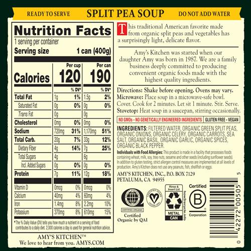 Amys Soup, Vegan Split Pea Soup, Gluten Free, Made With Organic Vegetables, Canned Soup, 14.1 Oz
