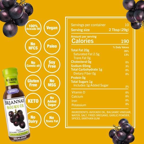 Briannas - Avocado Oil Balsamic Vinaigrette Dressing - Nutrient Rich, Keto Friendly, Vegan Salad Dressing Made With 100% Avocado Oil - 10 Oz. Bottle