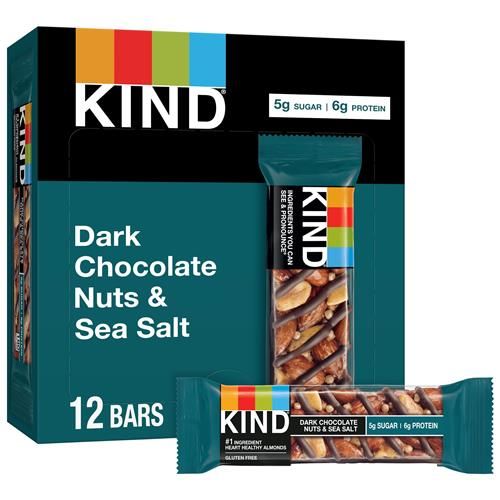 Kind Snack Bars, Dark Chocolate Nuts & Sea Salt, 5G Sugar | 6G Protein, Gluten Free Bars, 1.4 Oz, 12 Count