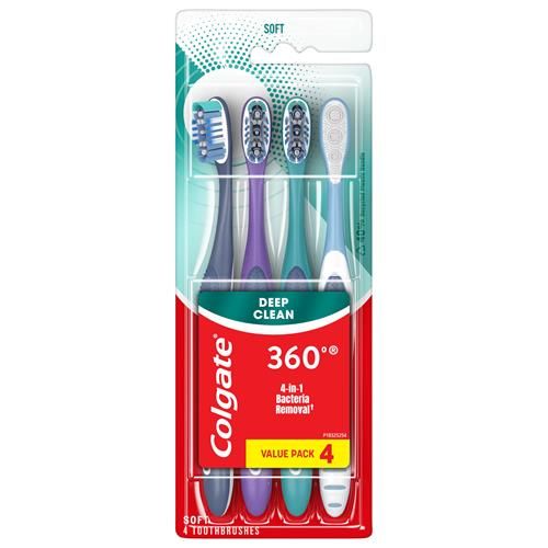 Colgate 360 Whole Mouth Toothbrush, Adult Soft Toothbrush With Tapered Bristles, Features Tongue Cleaner And Ergonomic Handle, Helps Whiten Teeth And Removes Bacteria, 4 Pack