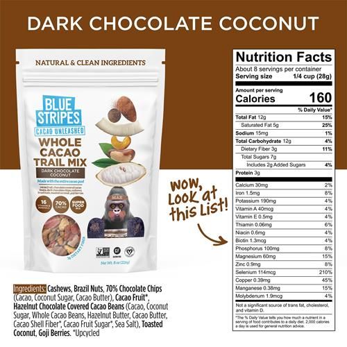 Blue Stripes Dark Chocolate Coconut Whole Cacao Trail Mix, 8Oz