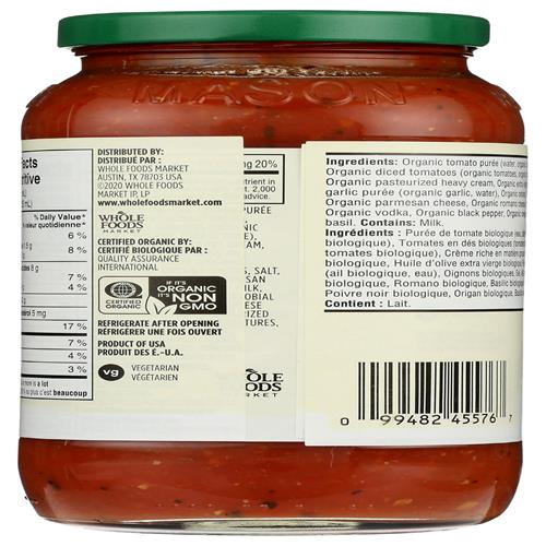 Whole Foods Market Organic Creamy Vodka Pasta Sauce, 25 Ounce
