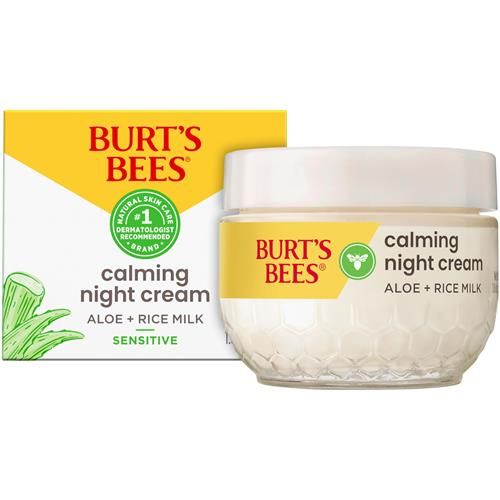 Burts Bees Calming Night Cream, With Aloe And Rice Milk, Face Moisturizer For Sensitive Skin Infuses Skin With Moisture While You Sleep, 98.8 Percent Natural Origin, 1.8 Oz. Tub