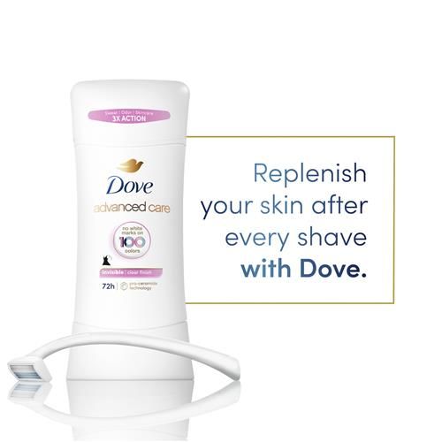 Dove Advanced Care Antiperspirant Deodorant Stick For Soft, Resilient Skin, Clear Finish With No White Marks And 72-Hour Sweat & Odor Protection, 2.6 Oz