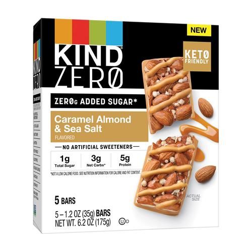Kind Zero Added Sugar Bars, Caramel Almond & Sea Salt, Keto Friendly Snacks, Gluten Free, 5G Protein, 5 Count