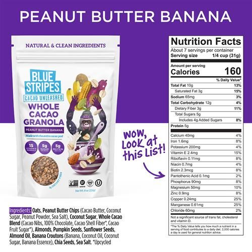 Blue Stripes Peanut Butter Banana Whole Cacao Granola, 8 Oz