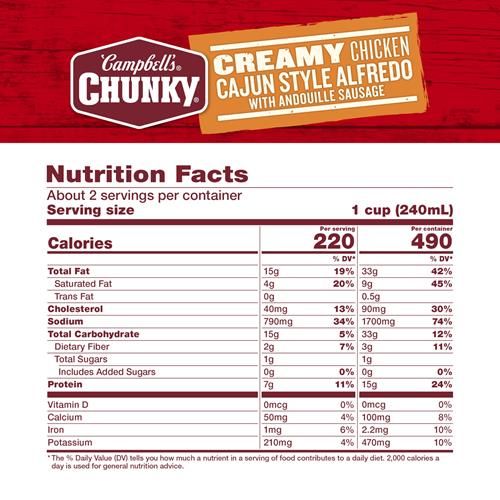 Campbells Chunky Creamy Chicken Cajun Style Alfredo With Andouille Sausage Soup, 18.8 Oz Can