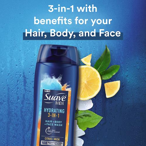 Suave Men 3 In 1 Mens Body Wash, Body Soap For Hydrated Skin And Hair, Hair, Face And Body Wash, With An All Day Fresh Scent 18 Oz