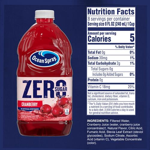 Ocean Spray Zero Sugar Cranberry Juice Drink, Cranberry Juice Drink Sweetened With Stevia, 64 Fl Oz Bottle