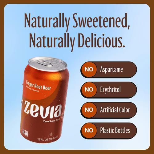 Zevia Zero Sugar Soda, Ginger Root Beer, 12 Ounce Cans (Pack Of 12)