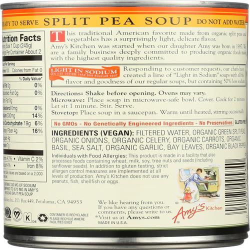 Amys, Soup Split Pea Low Sodium Organic, 14.1 Ounce