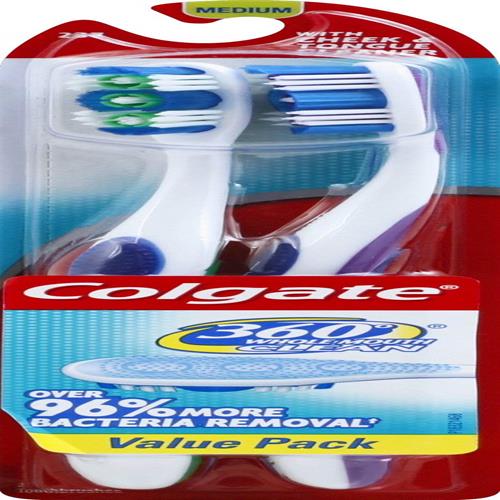Colgate 360° Toothbrush With Tongue And Cheek Cleaner, Medium - 2 Count