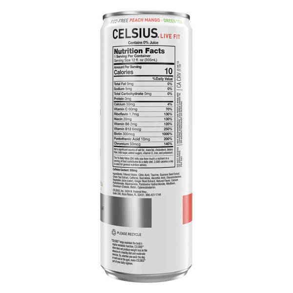 Celsius Fizz Free Peach Mango Green Tea, 12 fl oz can