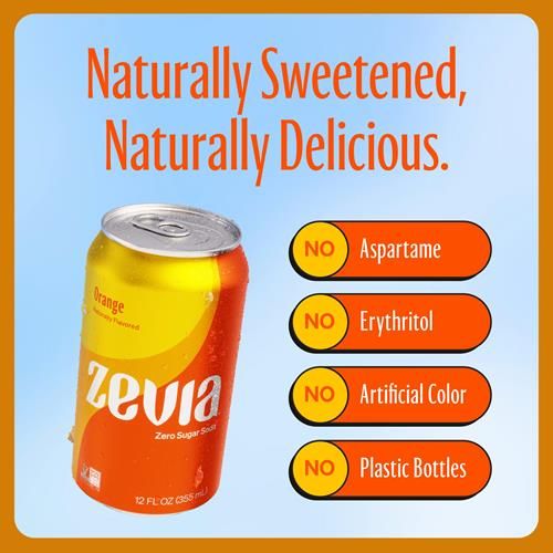 Zevia Zero Sugar Soda, Orange, 12 Ounce Cans (Pack Of 12)