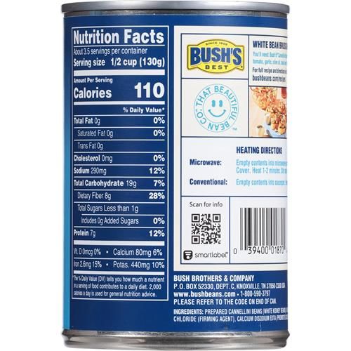 Bushs Canned Cannellini Beans (Pack Of 1), Good Source Of Plant-Based Protein, Excellent Source Of Fiber, Fat Free, Gluten Free, 15.5 Oz