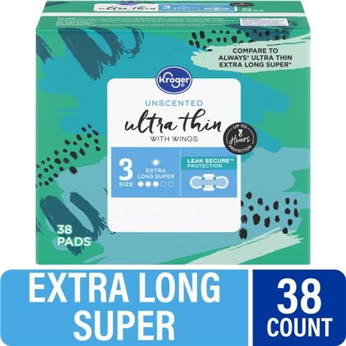 Kroger Ultra Thin Pads with Wings Extra Long Super Size 3 Unscented 38 count