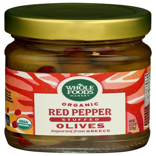 Whole Foods Market, Organic Red Pepper Stuffed Olives, 4.23 Ounce